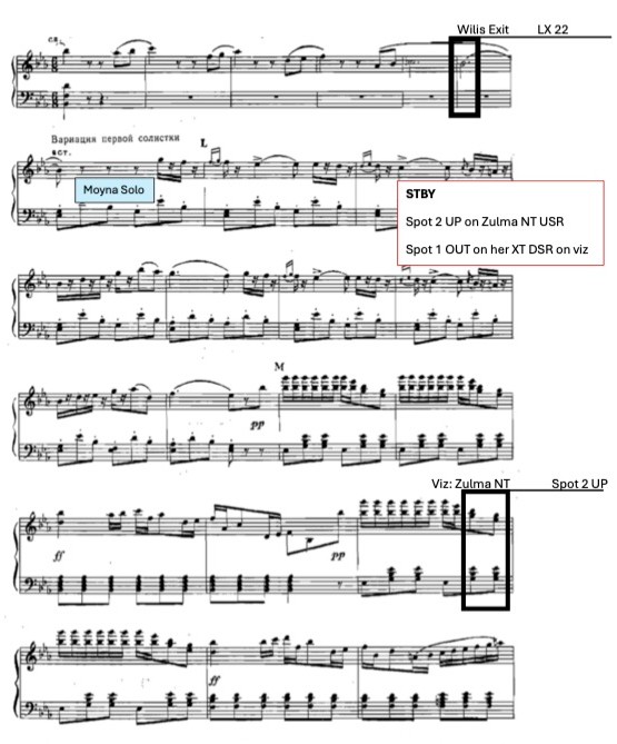 Sheet music from "Giselle" with notes on lighting cues